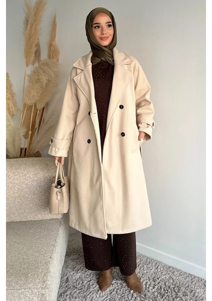 Kendinden Desenli Bel Kuşaklı Tesettür Kaban P-00019458