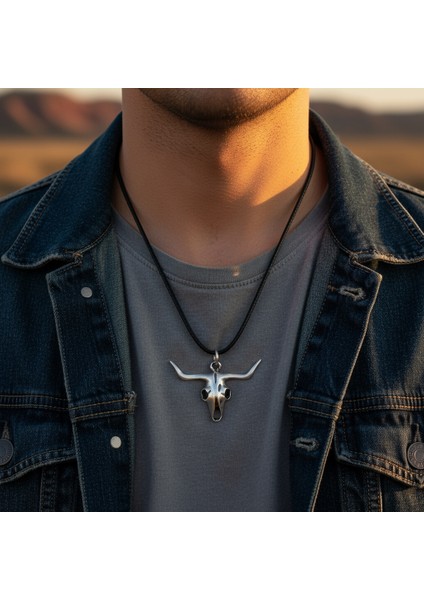 Boğa - Kuru Kafa Gümüş Kaplama Deri Ip Kolye