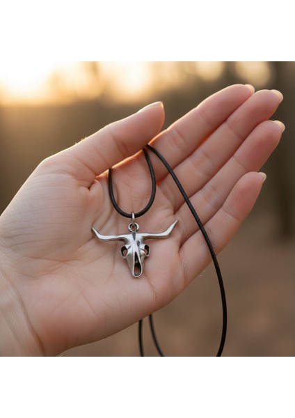 Boğa - Kuru Kafa Gümüş Kaplama Deri Ip Kolye indirimleri