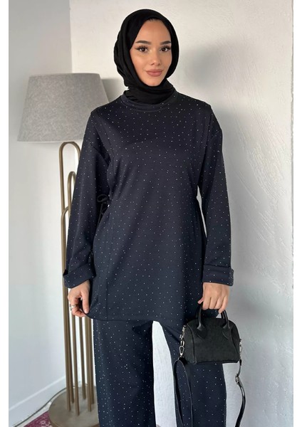 Bisiklet Yaka Yan Bağlamalı Taşlı Tesettür Tunik Bel Lastikli Pantolon Ikili Takım P-00019461