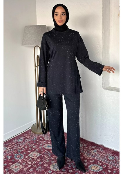Bisiklet Yaka Yan Bağlamalı Taşlı Tesettür Tunik Bel Lastikli Pantolon Ikili Takım P-00019461 modelleri