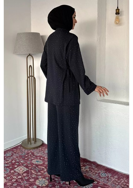 Bisiklet Yaka Yan Bağlamalı Taşlı Tesettür Tunik Bel Lastikli Pantolon Ikili Takım P-00019461 fırsatları