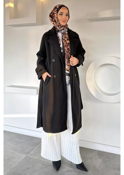 Kendinden Desenli Bel Kuşaklı Tesettür Kaban P-00019458