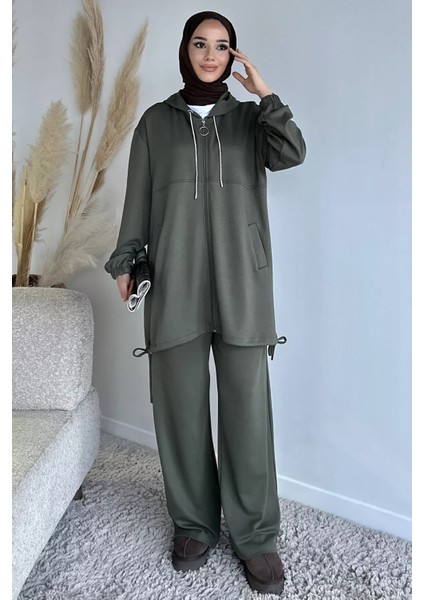 Ön Fermuarlı Kapüşonlu Tunik Bel Lastikli Pantolon Tesettür Ikili Takım P-00018943