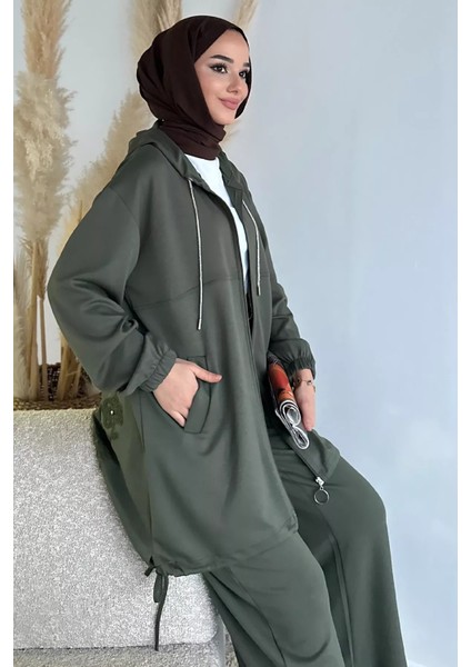 Ön Fermuarlı Kapüşonlu Tunik Bel Lastikli Pantolon Tesettür Ikili Takım P-00018943 fiyatları