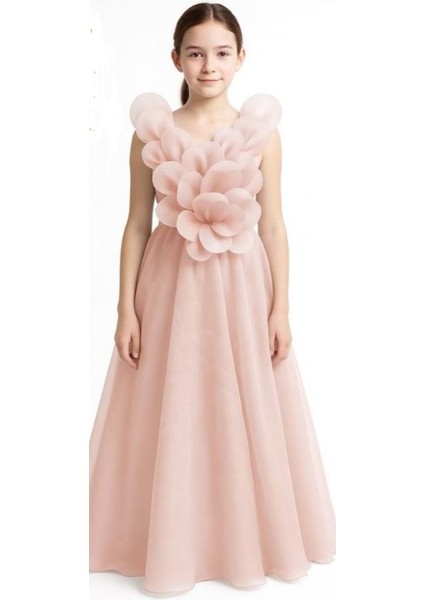 Pudra Rengi Abiye Uzun Elbise - Porça - Pudra - 10 Yaş - 3181-PUDRA-10 Yaş
