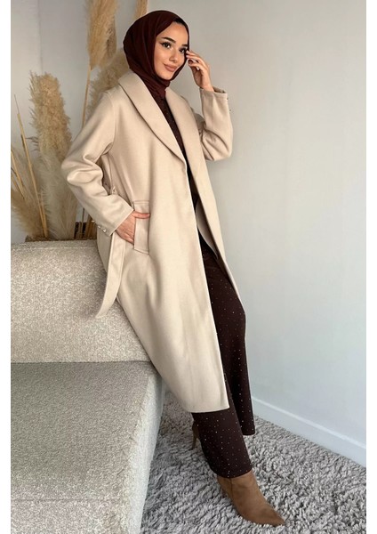 Bel Kuşaklı Gold Toka Detaylı Tesettür Kaşe Kaban P-00019460 fiyatları