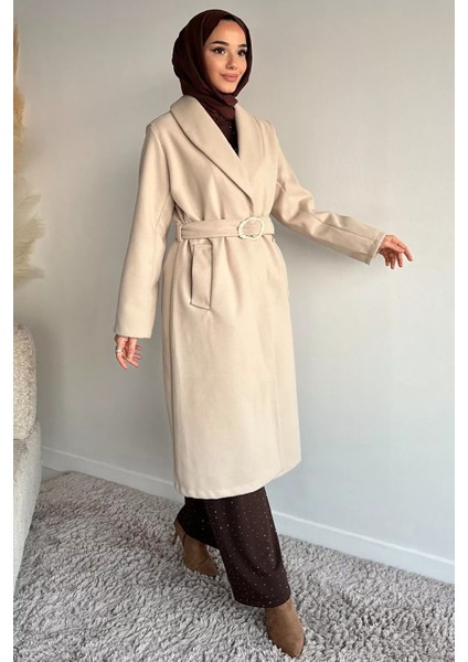 Bel Kuşaklı Gold Toka Detaylı Tesettür Kaşe Kaban P-00019460 modelleri