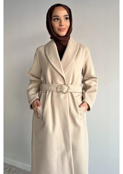 Bel Kuşaklı Gold Toka Detaylı Tesettür Kaşe Kaban P-00019460 fırsatları