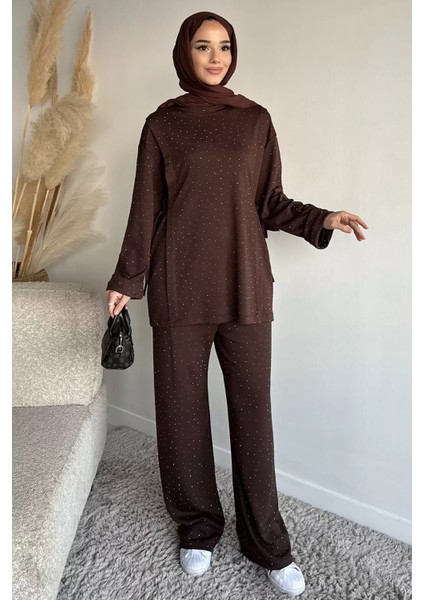 Bisiklet Yaka Yan Bağlamalı Taşlı Tesettür Tunik Bel Lastikli Pantolon Ikili Takım P-00019461