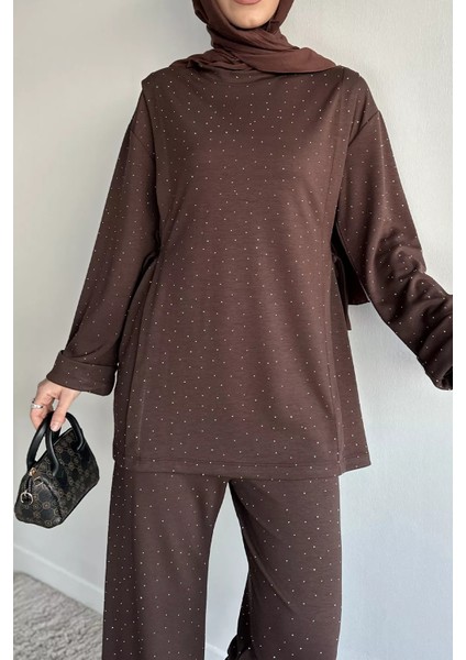 Bisiklet Yaka Yan Bağlamalı Taşlı Tesettür Tunik Bel Lastikli Pantolon Ikili Takım P-00019461 modelleri