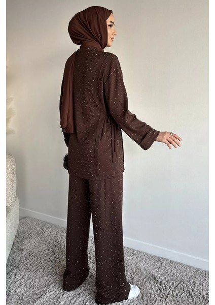 Bisiklet Yaka Yan Bağlamalı Taşlı Tesettür Tunik Bel Lastikli Pantolon Ikili Takım P-00019461 fırsatları