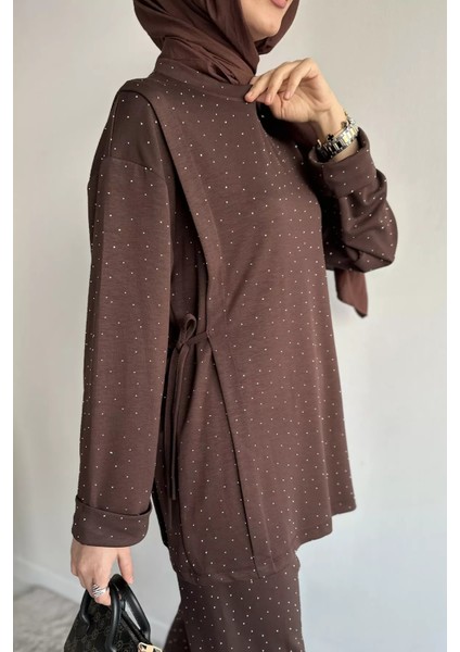 Bisiklet Yaka Yan Bağlamalı Taşlı Tesettür Tunik Bel Lastikli Pantolon Ikili Takım P-00019461 indirimleri