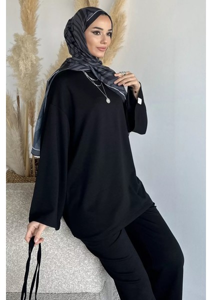 Amblem Detaylı Tunik Bel Lastikli Pantolon Tesettür Ikili Takım P-00019262
