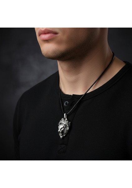 Güç Tılsımı Aslan Kral Gümüş Kaplama Deri İp Kolye modelleri