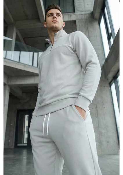 Erkek Polo Yaka Yarım Fermuarlı Sweat Bel Lastikli Pantolon Ikili Takım P-00019207