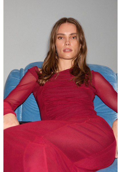 Uryey Kadın Asimetrik Yakalı Büzgü Detaylı Esnek Kumaşlı Tül Bordo Bluz modelleri