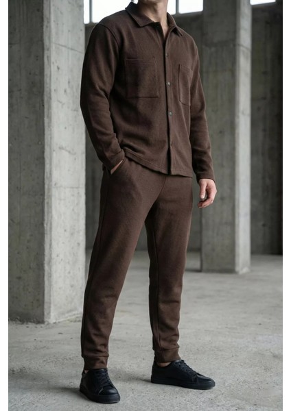 Erkek Kendinden Desenli Ön Çıtçıtlı Gömlek Bel Lastikli Pantolon Ikili Takım P-00019210