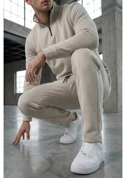 Erkek Yarım Fermuarlı Polo Yaka Şardonlu Sweat Bel Lastikli Pantolon Ikili Takım P-00019208
