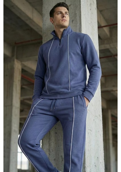 Erkek Yarım Fermuarlı Polo Yaka Şardonlu Sweat Bel Lastikli Pantolon Ikili Takım P-00019208