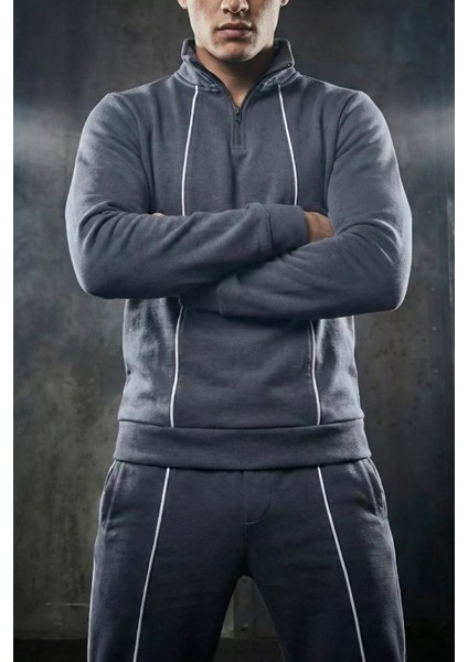 Erkek Yarım Fermuarlı Polo Yaka Şardonlu Sweat Bel Lastikli Pantolon Ikili Takım P-00019208