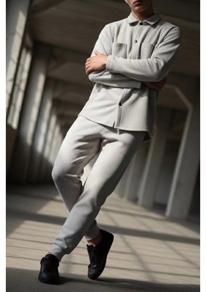 Erkek Kendinden Desenli Ön Çıtçıtlı Gömlek Bel Lastikli Pantolon Ikili Takım P-00019210