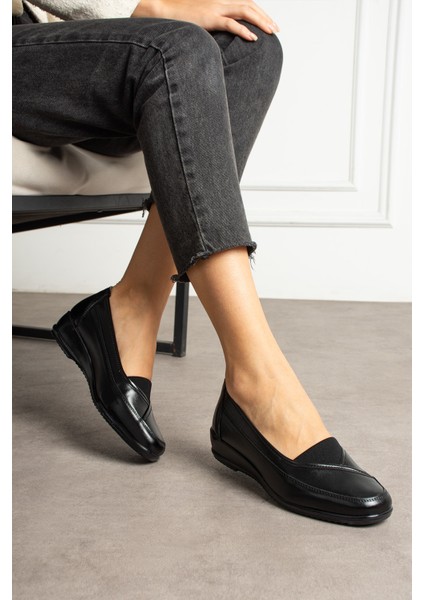 Kadın Siyah Hakiki Deri Klasik Ayakkabı Ortopedik Anne Ayakkabısı Anne Babet Topuklu Günlük Ayakkabı