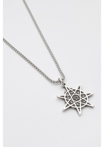 Astroloji 7 Nokta Yıldız Kolye - Örme İthal Zincirli Unisex Gümüş Kaplama Heptagram - 60 cm fiyatları