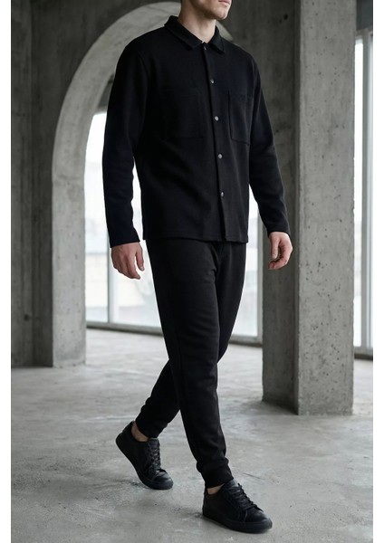 Erkek Kendinden Desenli Ön Çıtçıtlı Gömlek Bel Lastikli Pantolon Ikili Takım P-00019210