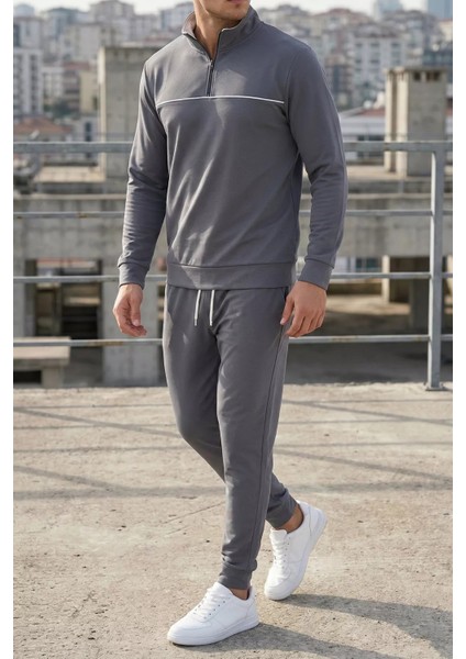 Erkek Polo Yaka Yarım Fermuarlı Sweat Bel Lastikli Pantolon Ikili Takım P-00019207
