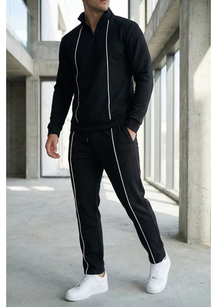 Erkek Yarım Fermuarlı Polo Yaka Şardonlu Sweat Bel Lastikli Pantolon Ikili Takım P-00019208