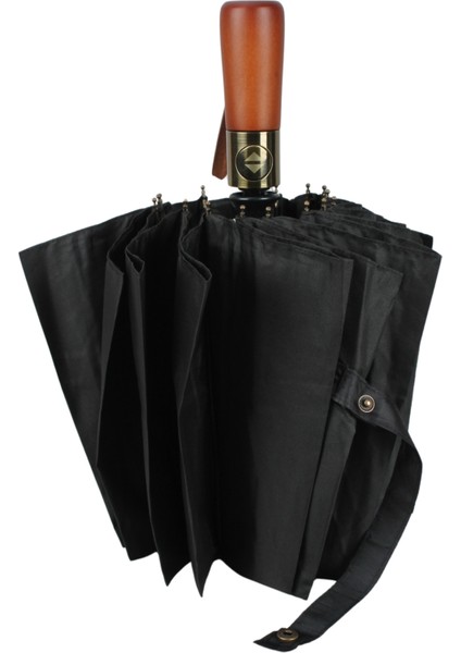 Tam Otomatik 16 Telli Siyah Rüzgar Koruyucu Şemsiye, Dayanıklı Kumaş, Pratik Kullanım