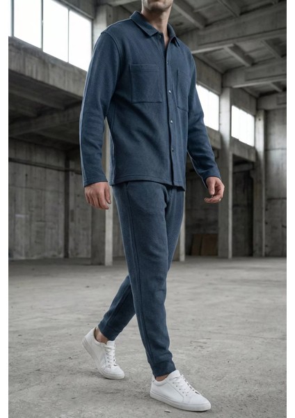 Erkek Kendinden Desenli Ön Çıtçıtlı Gömlek Bel Lastikli Pantolon Ikili Takım P-00019210