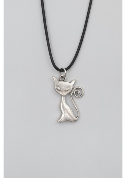 Mistik Kedi Siyah Deri İp Kolye - Antik Gümüş Kaplama - Kadın Erkek - 60 cm