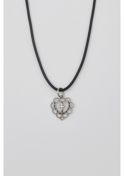 Kalp ve Haç Motifli Kolye - PU Deri İp Zincirli Unisex Gümüş Kaplama - 60 cm