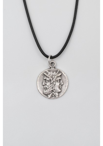 İki Yüzlü Janus Siyah Deri İp Kolye - Antik Gümüş Kaplama - Kadın Erkek - 60 cm