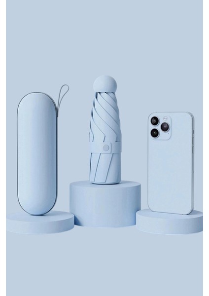 Mavi Karbon Fiber Mini Boy Kapsül Cep Şemsiyesi Hafif ve Dayanıklı