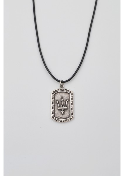 Poseidon Mızrağı Künye Kolye - Pu Deri Ip Zincirli Unisex Gümüş Kaplama - 60 cm