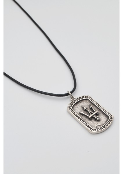 Poseidon Mızrağı Künye Kolye - Pu Deri Ip Zincirli Unisex Gümüş Kaplama - 60 cm fiyatları