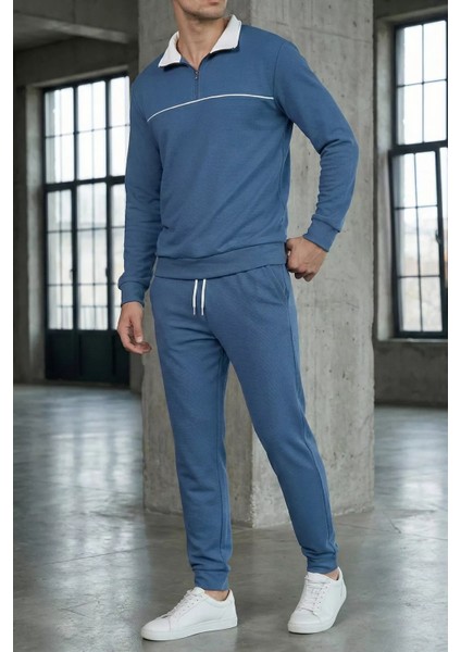Erkek Polo Yaka Yarım Fermuarlı Sweat Bel Lastikli Pantolon Ikili Takım P-00019207