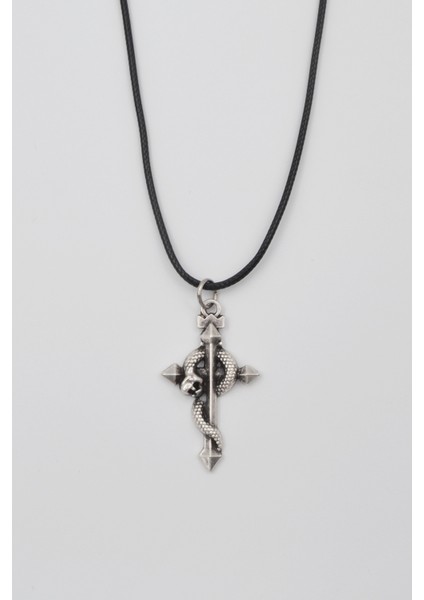 Yılan Sarılı Haç Kolye - PU Deri İp Zincirli Unisex Gümüş Kaplama - 60 cm