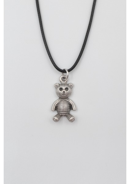 Oyuncak Ayı Siyah Deri İp Kolye - Antik Gümüş Kaplama - Kadın Erkek - 60 cm