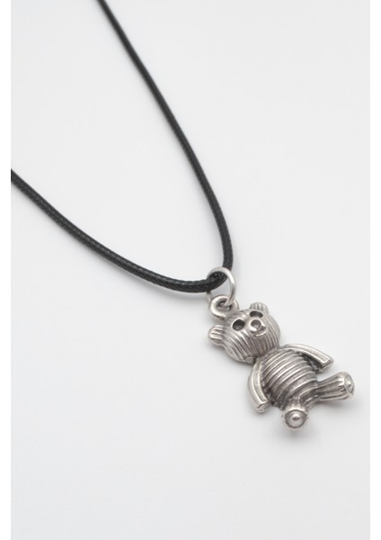 Oyuncak Ayı Siyah Deri İp Kolye - Antik Gümüş Kaplama - Kadın Erkek - 60 cm fiyatları