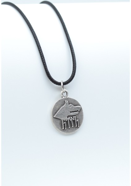 Göktürkçe Türk - Kurt Madalyon Gümüş Kaplama Deri İp Kolye