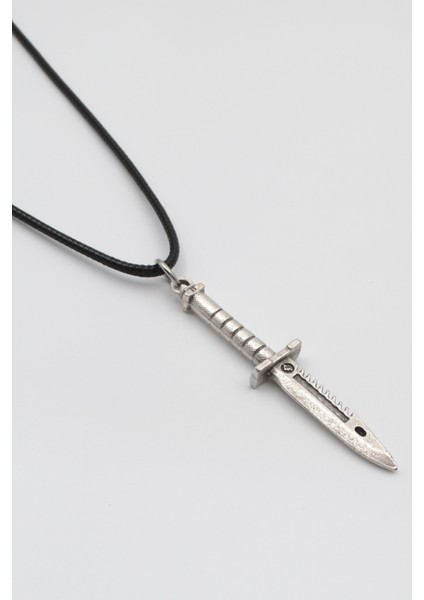 Testere Dişli Taktik Bıçak Siyah Deri İp Kolye - Antik Gümüş Kaplama - Kadın Erkek - 60 cm fiyatları