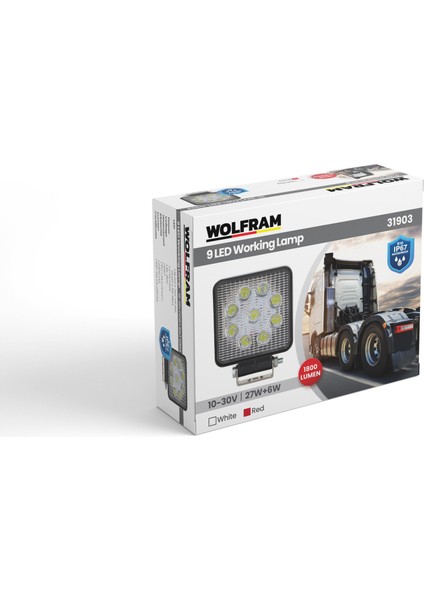 LED Kare Çalışma Lambası 9 LED Beyaz Işık + Kırmızı Stop Fonksiyonlu 10/30V E-Belgeli 27+6W - Wolfram 31903 fiyatları