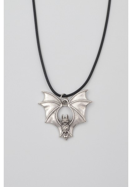 Gotik Yarasa Kolye - Pu Deri Ip Zincirli Unisex Gümüş Kaplama Kolye - 60 cm