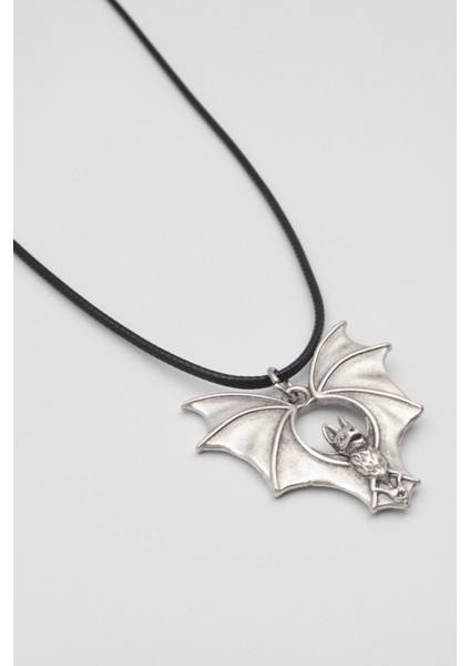 Gotik Yarasa Kolye - Pu Deri Ip Zincirli Unisex Gümüş Kaplama Kolye - 60 cm fiyatları