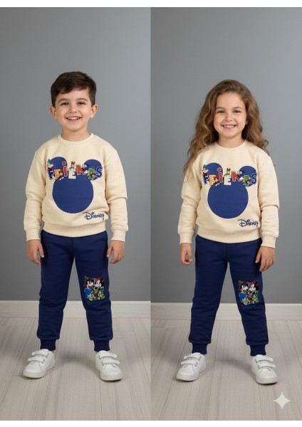 Çocuk Ekru Zemin Çizgi Karakter Baskılı Lacivert Pantolonlu Alt Üst Takım