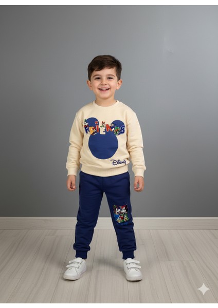 Çocuk Ekru Zemin Çizgi Karakter Baskılı Lacivert Pantolonlu Alt Üst Takım modelleri